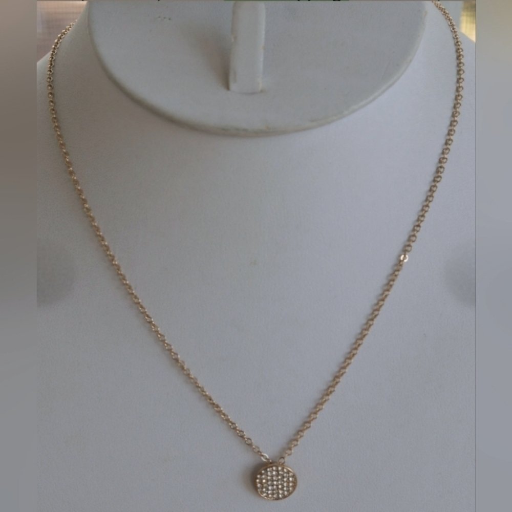 Delicate Pave Rhinestone Circle Pendant Necklace | Gold Tone | Adjustable